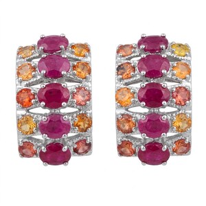 Ruby and Orange Sapphire Sterling Silver Earrings Handcrafted Unique Red Gemstone Luxury Jewelry