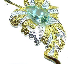 Green Amethyst Pendant 925 Sterling Silver Gold Leaf Statement Jewelry Gift for Her Handcrafted Unique Design