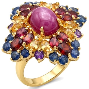 Star Ruby Statement Ring size 8 Sterling Silver Gold Oval Gemstone Red Large Unique Gift for Her