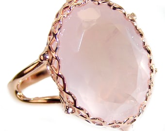 Large 13.2 carat Rose Quartz 18K Gold over .925 Sterling Silver brilliantly handcrafted ring size: 10 1/4