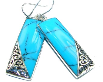 Turquoise Inlay Earrings 925 Sterling Silver Handcrafted Rectangle Blue Gemstone Statement Jewelry
