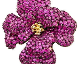Retro Style Ruby Flower Pendant Brooch in Sterling Silver Black Rhodium Gift for Her Unique Jewelry