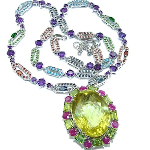 Carved Citrine & Ruby Statement Necklace .925 Sterling Silver, Handcrafted Gift for Women, Yellow Gem
