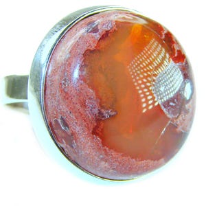 Mexican Opal Sterling Silver Handmade Ring Adjustable Size 8 Unique Orange Gemstone Jewelry Gift