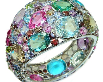 Absolutely Spectacular authentic Apatite and multi gems .925 Sterling Silver handmade bangle Bracelet