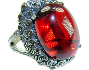 Espectacular anillo de cóctel con rubí ovalado de 22,5 ct, hecho a mano en plata de ley 925, talla 8. Regalo ideal para ella. Joyería llamativa.
