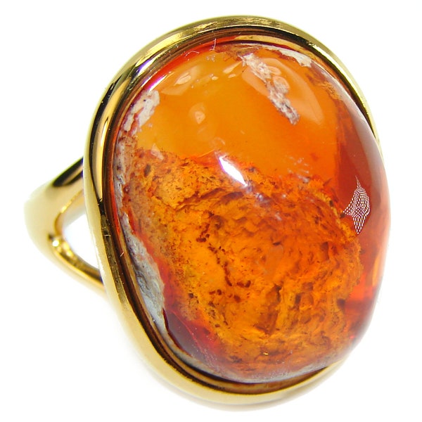 Natural  Mexican Fire Opal 14K Gold over .925 Sterling Silver handmade ring size 6 1/4