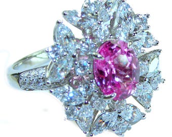 Pink Sapphire Cocktail Ring in 925 Sterling Silver Oval Cut Size 7 1/4 Gift for Her Unique Gemstone Jewelry