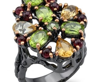 Fiesta Peridot Gemstone Ring Size 6 Sterling Silver Black Rhodium Unique Red Abstract Statement Jewelry