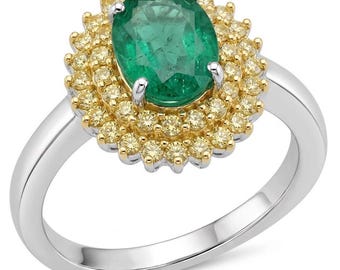 Ring med colombiansk smaragd i 18 karat guld över sterlingsilver, oval slipning, storlek 7, elegant grön ädelsten