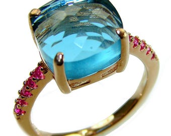 Bague tendance avec topaze bleue suisse taille 6 en argent sterling avec bain d'or élégant fait main avec des pierres précieuses bleues