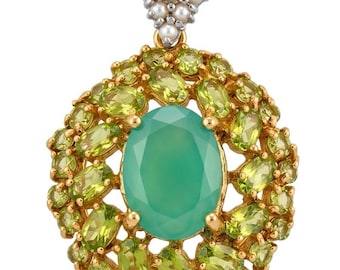 Emerald and Peridot Pendant Statement Necklace 925 Silver 22K Gold Handmade Green Gemstone Jewelry