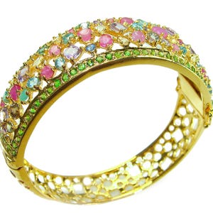 Handmade Multicolor Sapphire Bangle Bracelet, 35.8ct, 18K Gold over 925 Silver, Statement Gemstone Cuff