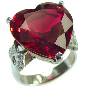 Heart Shaped Ruby Sterling Silver Ring size 8 Handmade Unique Gift For Her Statement Jewelry