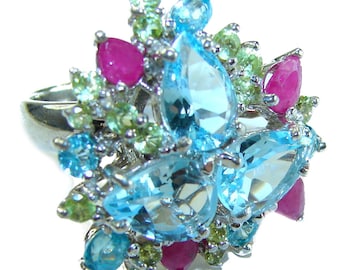 Swiss Blue Topaz Statement Ring Sterling Silver Handmade Ring size 8 Unique Gemstone Jewelry Gift