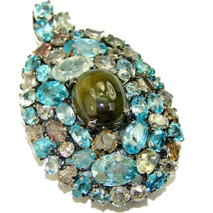 Green Tourmaline & Aquamarine Pendant Brooch, 925 Sterling Silver, Handmade, Gemstone Statement Jewelry, for Her