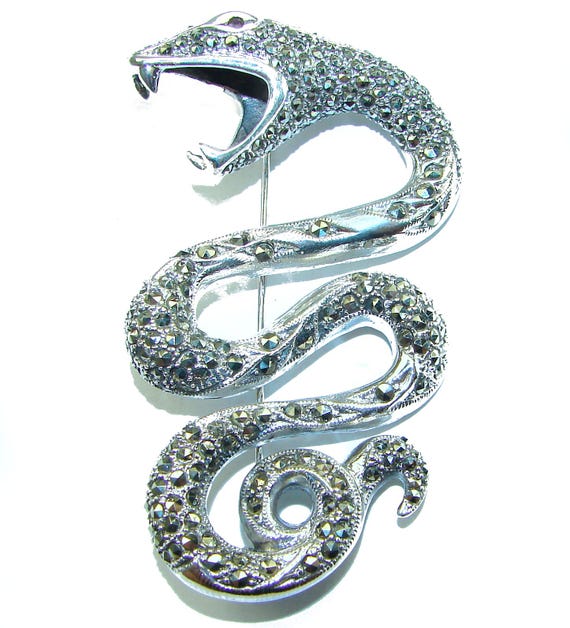 Large Cobra Snake Marcasite Pendant Brooch in 925 Sterling Silver