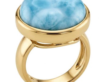 Blue Larimar Statement Ring size 7 Adjustable 22K Gold over 925 Sterling Silver Handmade Jewelry