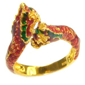 Rubin Emalj Drake 18K Guld Sterling Silver Ring Storlek: 8 | Röd Ädelsten Statement Unik Gåva
