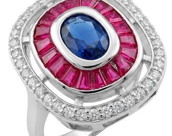 Red Sapphire Rectangle Statement Ring in Sterling Silver size 7 1 2 Art Deco Style Handcrafted Gift