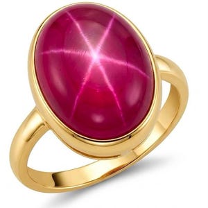 Star Ruby Statement Ring Size 8 Adjustable 22K Gold Over Sterling Silver Bold Red Gemstone Jewelry