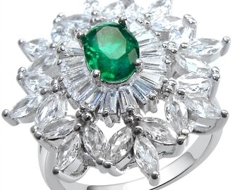 Colombian Emerald Ring Oval Cut Sterling Silver Rhodium Size 8 Elegant Green Gemstone Jewelry Gift