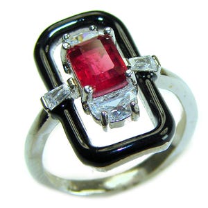 Anillo Art Déco de rubí de 2,3 ct, esmalte negro, plata de ley 925, hecho a mano, piedra preciosa roja, talla 6
