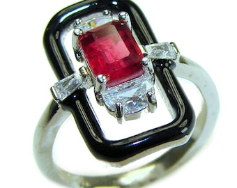 Art Deco Ruby Ring 2.3ct Black Enamel 925 Sterling Silver Handmade Red Gemstone size 6