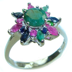 Colombian Emerald Rectangle Ring, 0.8ct Gem Sterling Silver Gift, Handmade Elegance, size: 8, Women&#39;s Jewelry