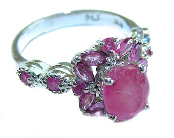 Spektakularny pierścionek koktajlowy z rubinem ze srebra próby 925, ręcznie wykonany, unikatowa biżuteria, rozmiar 5