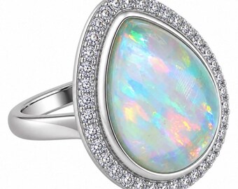 Australian Opal Ring size 6 Rainbow Sterling Silver Handmade Pear Gemstone Unique Gift