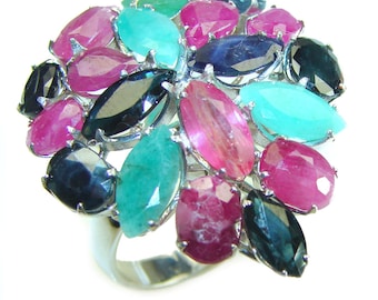 Carmen Ruby Emerald Sapphire Cocktail Ring, Sterling Silver, size: 8.75, Handcrafted Statement Gemstone Gift