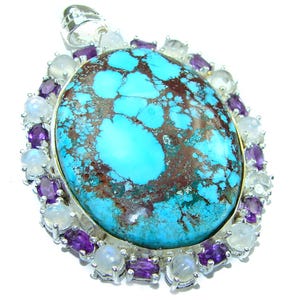Large Spider Web Turquoise Pendant | One of a Kind 925 Sterling Silver Handmade Blue Gemstone Necklace