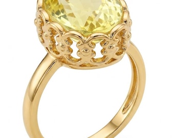 Lemon Quartz Oval Ring Gold Over Sterling Silver Handcrafted Gift size 9 statement gemstone jewelry