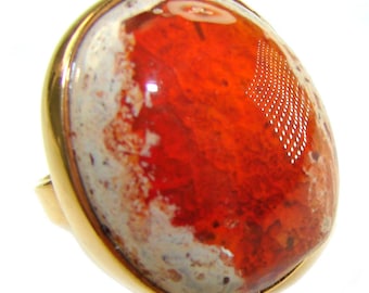 Mexican Opal Sterling Silver Ring Adjustable Statement Handmade Orange Gemstone size: 6 Unique Gift