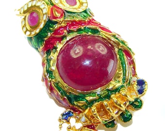 Owl Ruby Pendant Brooch 925 Sterling Silver Handmade Unique Red Gemstone Jewelry Gift Wisdom