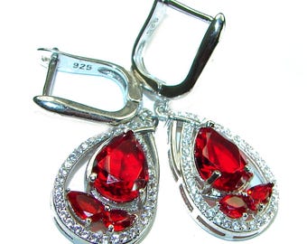 Red Topaz Earrings 12.5ct Sterling Silver Handcrafted Pear Gemstone Dangle Gift for Her