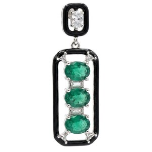 May include: A drop earring featuring a rectangular black enamel frame containing three oval-cut green emeralds and small clear baguette-cut diamonds. A smaller black enamel square at the top holds a single oval-cut clear diamond.