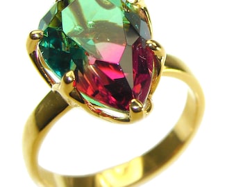 Brazilian Watermelon Tourmaline Sterling Silver Ring, Gold Accents, Gift for Her, size: 6 3/4