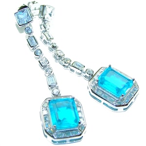 Handmade 8.5ct Paraiba Tourmaline Earrings Blue Rectangle 925 Sterling Silver Elegant Gift for Her