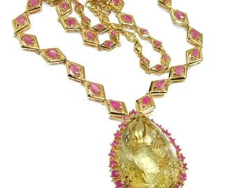 Outstanding carved Citrine Ruby 18K Gold over .925 Sterling Silver handcrafted Statement necklace