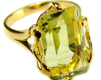 Lemon Quartz Ring 14K Gold Over Sterling Silver Rectangle Cut Gemstone size 7 1 4 Statement Jewelry Gift