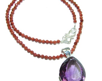 Pink Amethyst Red Sun Sitara  .925 Sterling Silver handcrafted Statement necklace