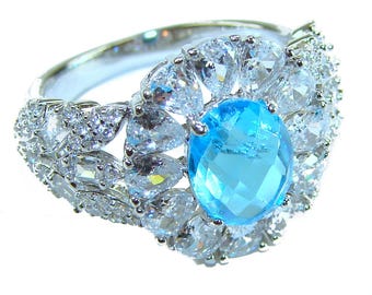 Swiss Blue Topaz Statement Ring 925 Sterling Silver Handmade size 7 1/4 Unique Gemstone Gift for Her