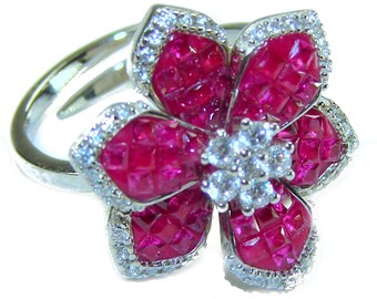 Anello a forma di fiore con rubino naturale in argento sterling 925, realizzato a mano, di lusso, taglia 7, gioiello di tendenza, idea regalo.
