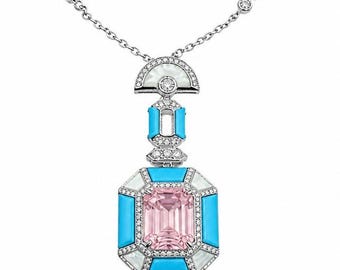 Art Deco Kunzite Necklace Sterling Silver Pink Gemstone Turquoise Inlay Unique Jewelry Gift for Her