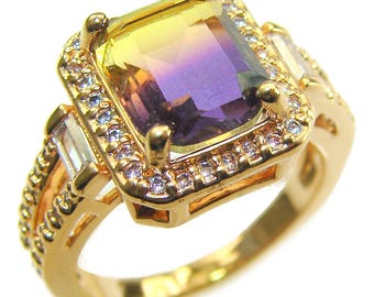 Bague rectangulaire en amétrine, or sur argent sterling, fabrication artisanale, taille 6, bijou cadeau