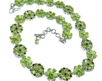 Peridot Statement Necklace 925 Sterling Silver Handmade Flower Gemstone Green Jewelry Gift