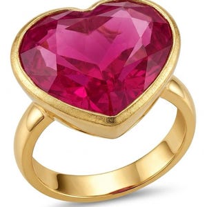Anel de destaque em formato de coração com rubi, tamanho 6 1/4, em prata 925 banhada a ouro, feito à mão, presente exclusivo para ela.