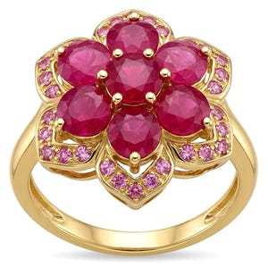 Genuine 4.2ct Mozambique Ruby Flower Ring 22K Gold Over 925 Silver Handcrafted Brilliant Red Gem size 5.5